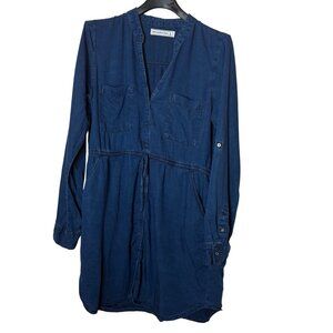Abercrombie & Fitch Chambray Denim Shirt Dress Drawstring Waist Size L Darkwash